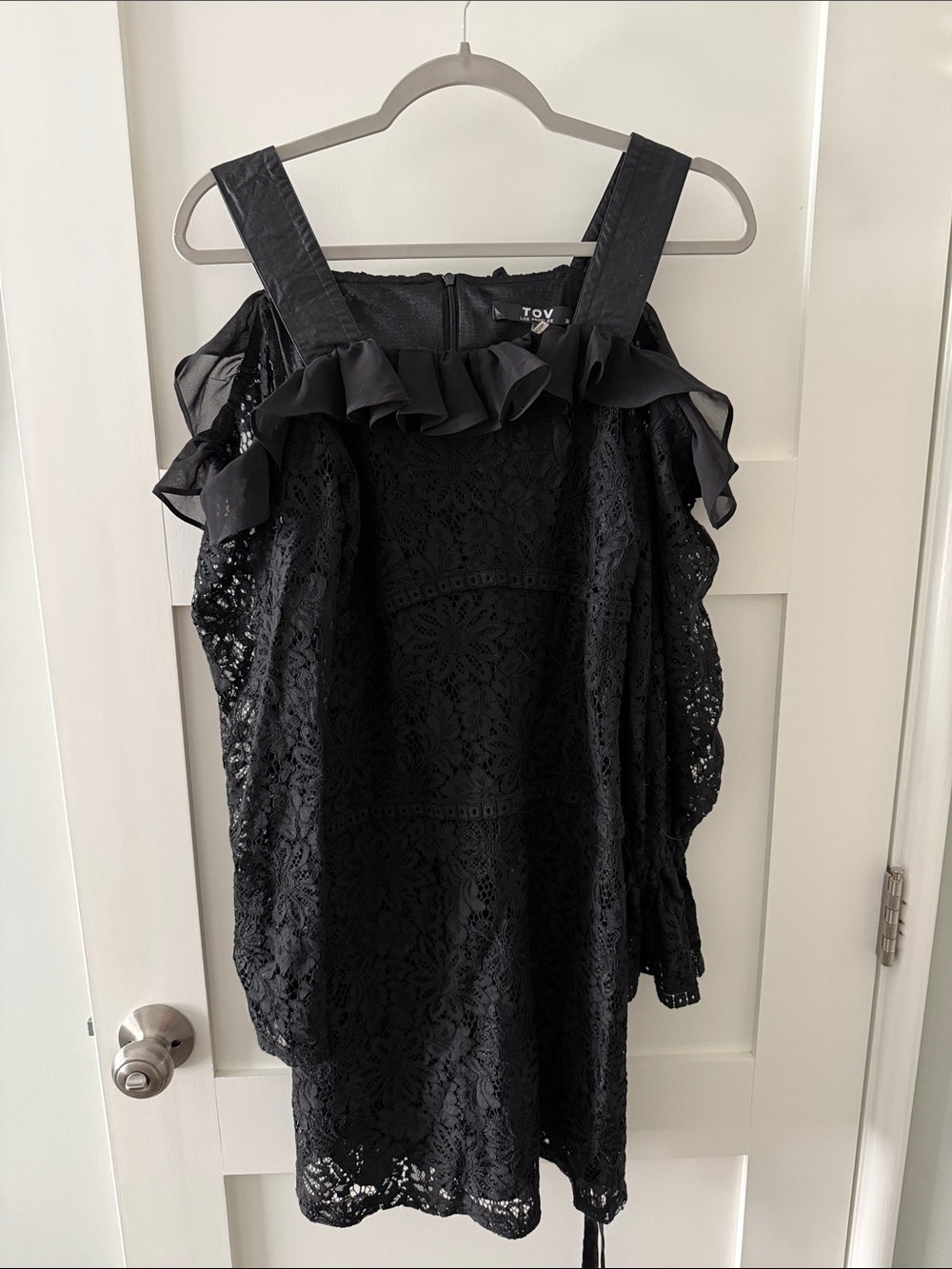 Black Lace Ruffle Cold-Shoulder Dress